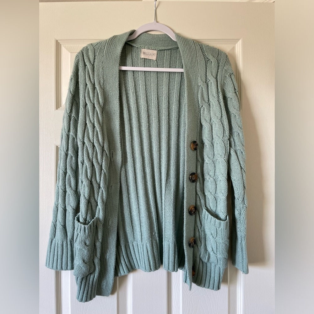 TEAL CABLE KNIT CARDIGAN
